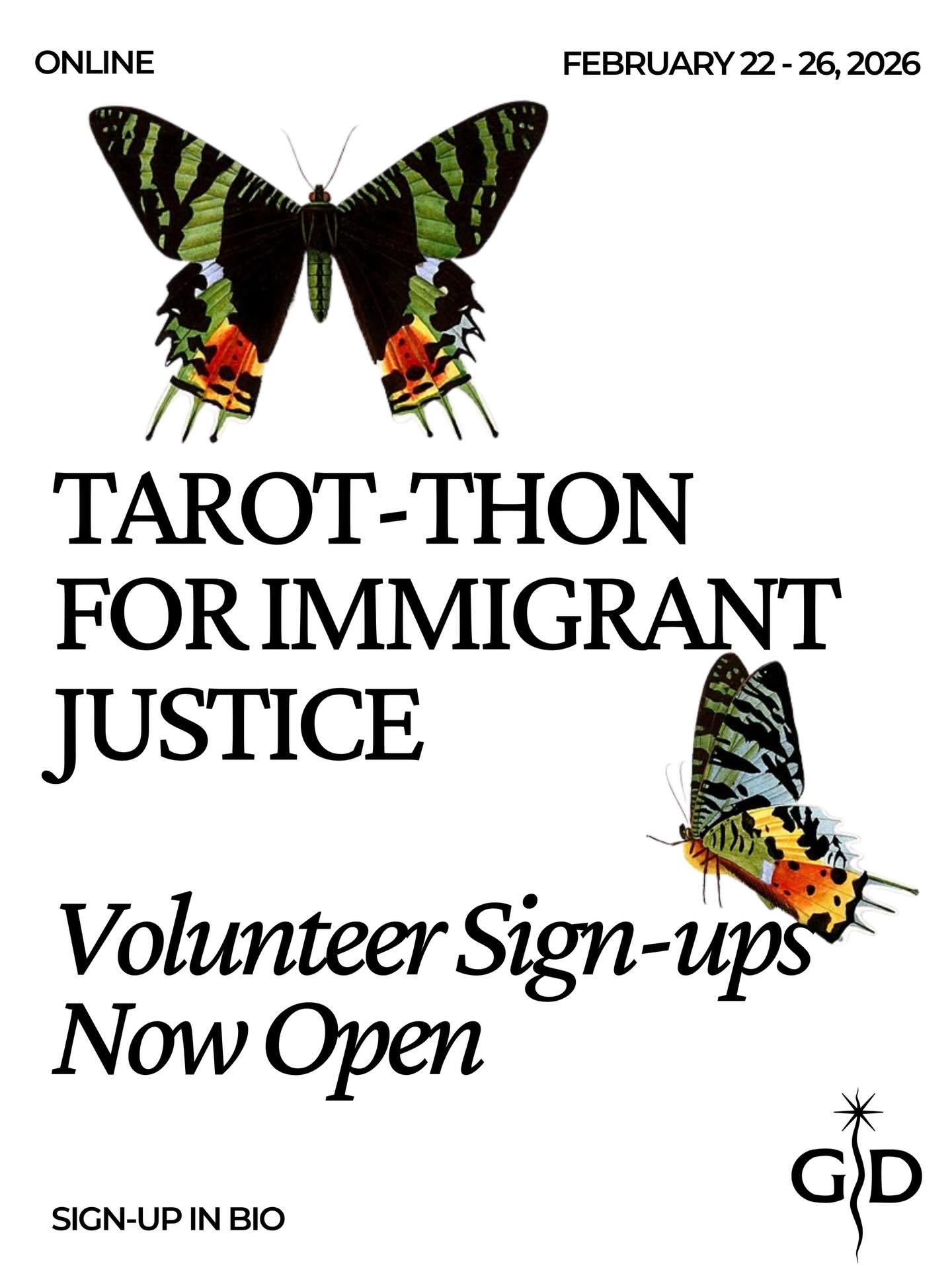 ✨ Tarot-Thon for Immigrant Justice ✨
🗓 Feb 22&ndash;26, 2026 | Virtual

For almost a decade, our annual Tarot-Thons have brought together a wide community of diviners and healing arts practitioners to transform spiritual labor into collective care. 
