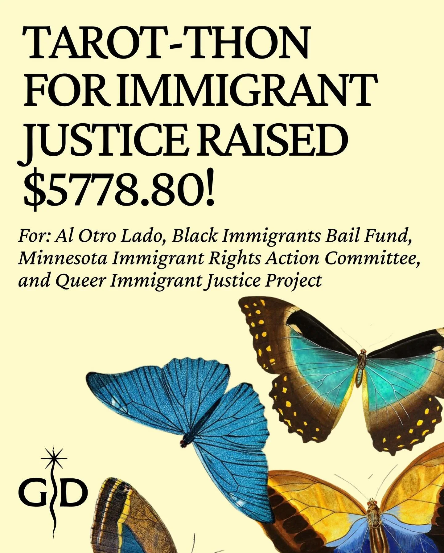 ✨ TAROT-THON GRAND TALLY ✨

Beloved community &mdash; together we raised $5,778.80 through the Tarot-Thon for Immigrant Justice! Funds were donated to: @miracmn @unlocalinc @blackimmigrantsbf @alotrolado_org 

Thank you to everyone who booked a readi
