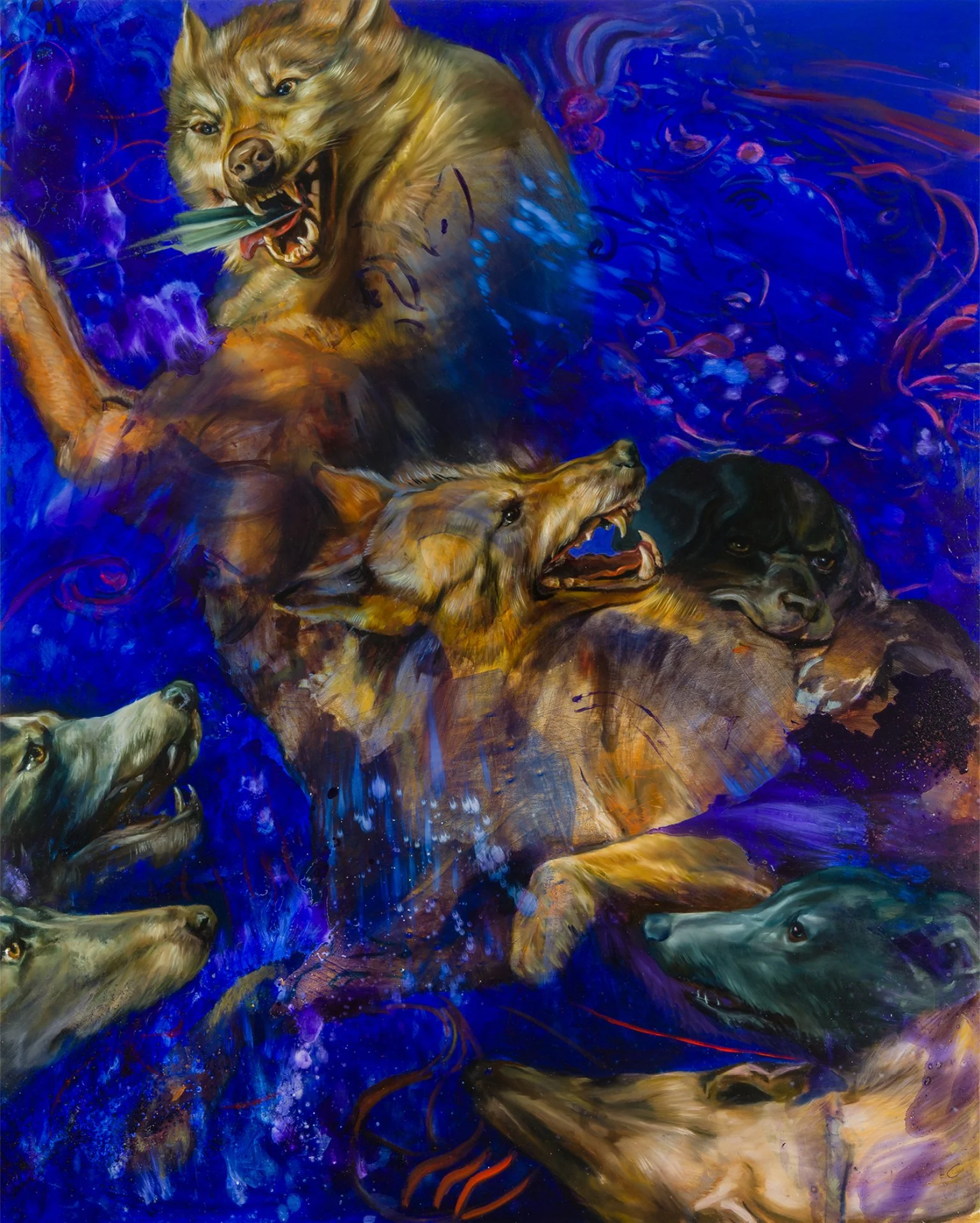 Angela Fraleigh, 
In the Hopeful Haunting: A Spell for Seeing in the Dark,
60" x 48"
Oil, moonwater and obsidian on Dibond panel