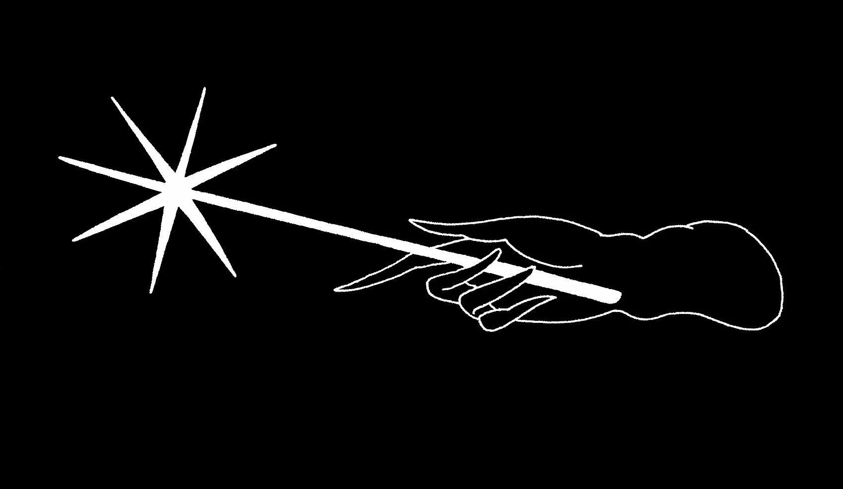 Black and white illustration of a hand holding a hanging lamp with a cloudy circular background.