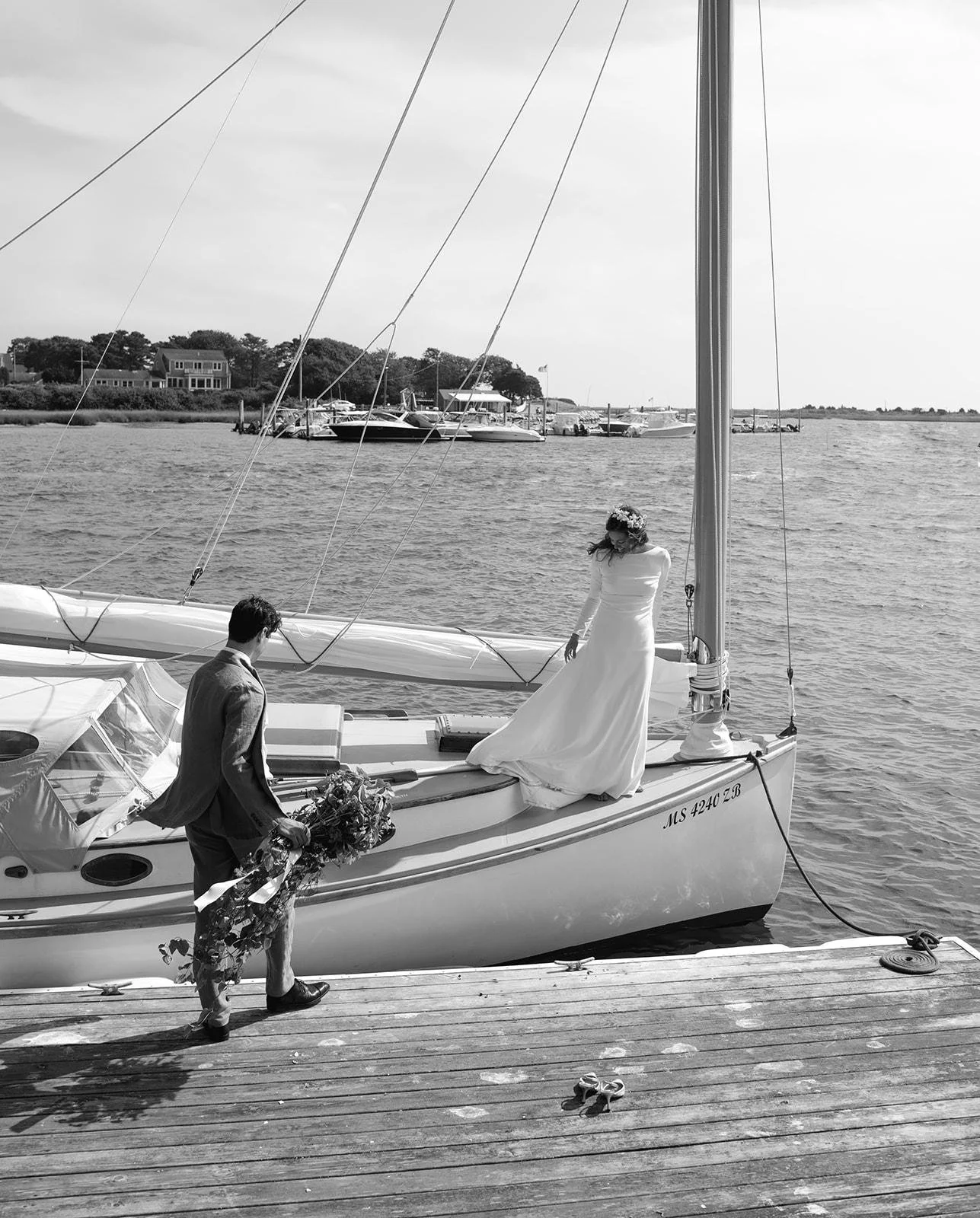 Cape Cod wedding couples portraits on a sail boat