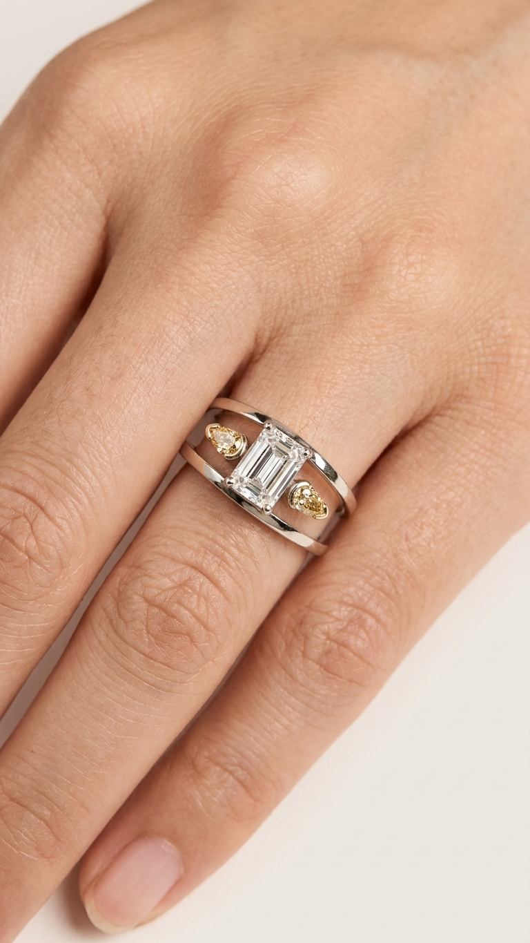 stark jewelers bespoke engagement architectural styling diamonds ring collection on a model