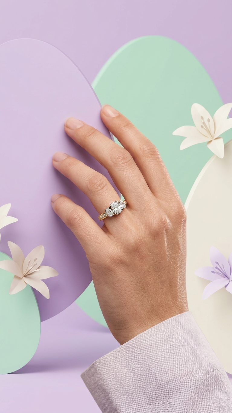 A 3-stone 14k mixed yellow and white gold engagement ring from Stark Jewelers, featuring oval-cut natural diamonds nestled in 8-prong gold setting with Stark’s signature structural durability.