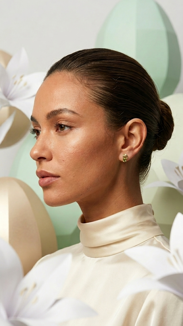 A pair of 14k yellow gold earrings from Stark Jewelers Whispers of Nature collection, featuring an oval peridot nestled in a leave gold setting that balances aesthetics with Stark’s signature structural durability.