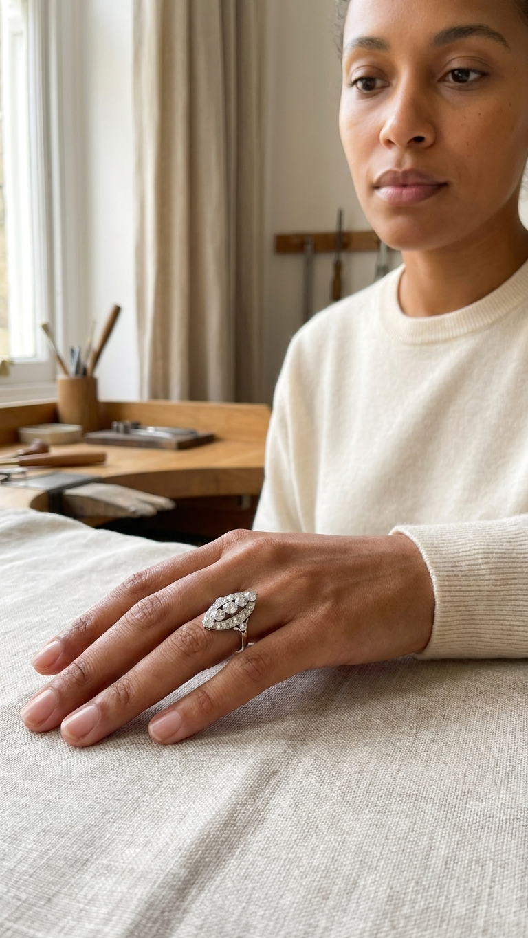 stark jewelers bespoke engagement vintage diamonds ring collection on a model