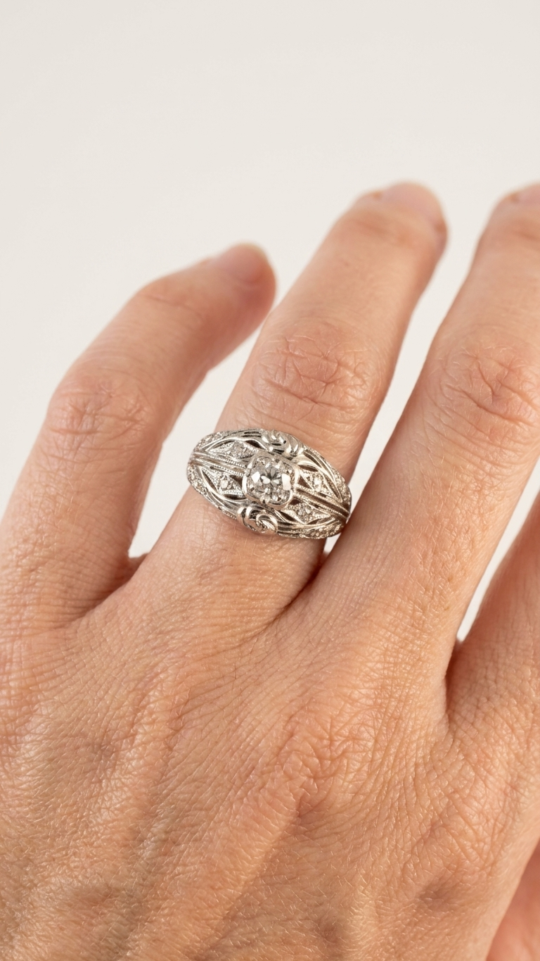 stark jewelers bespoke engagement vintage diamonds ring collection on a model 