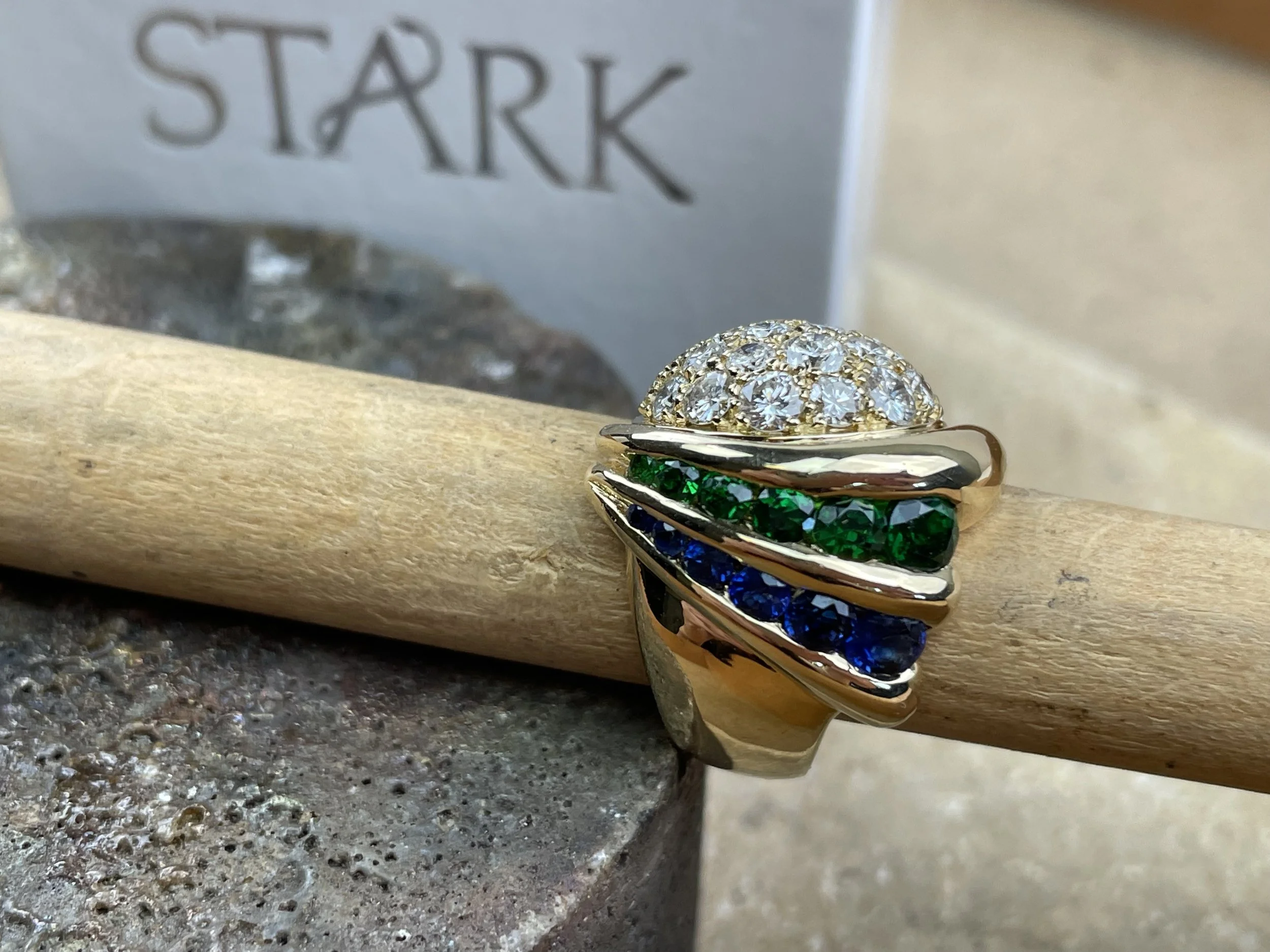 Art deco style special custom handmade woman's yellow gold  ring with emerald and diamonds  by Stark Jewelers