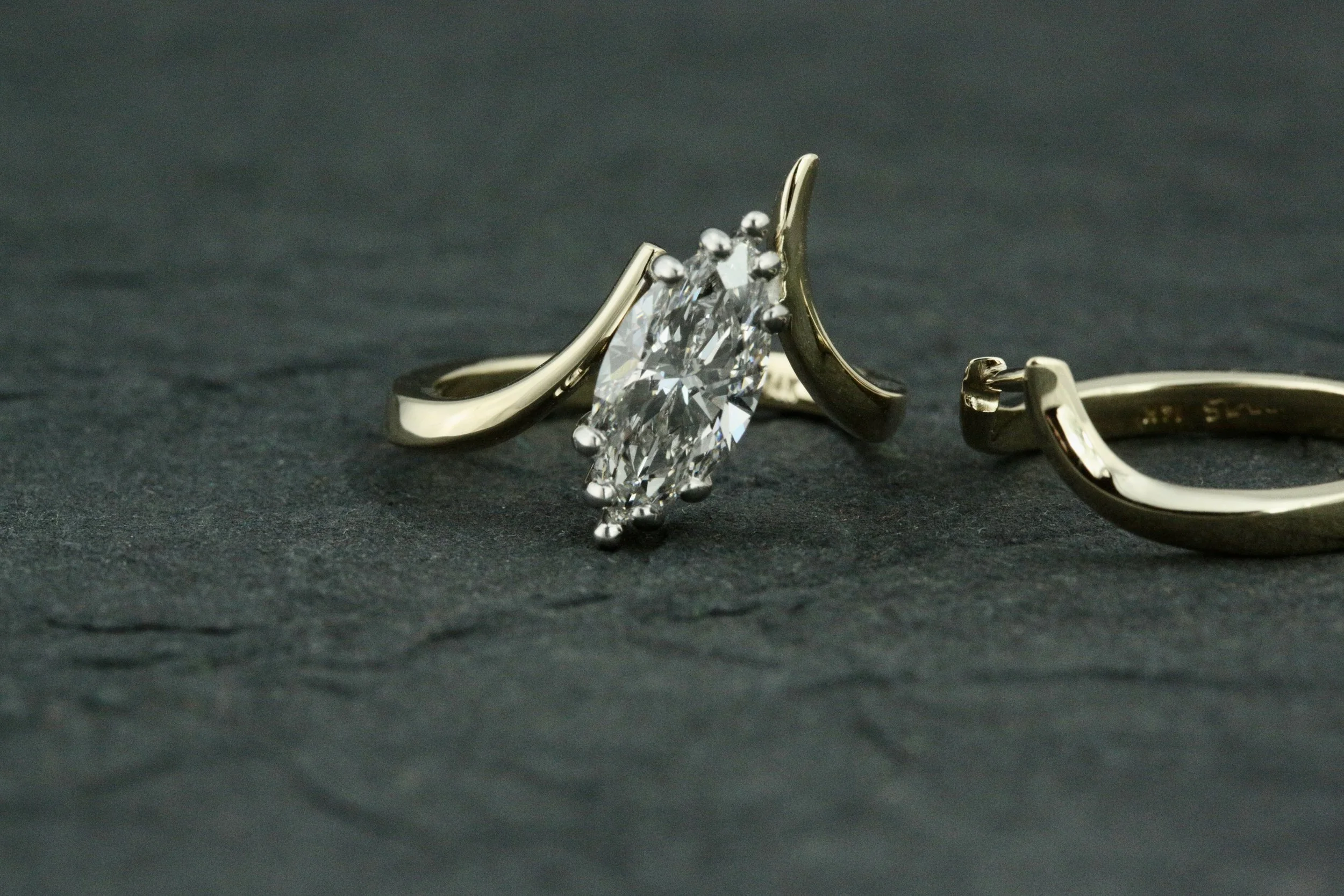 Precision Wax Modeling of the custom diamond engagement and wedding ring set designed and handcrafted at Stark Jewelers in Sacramento