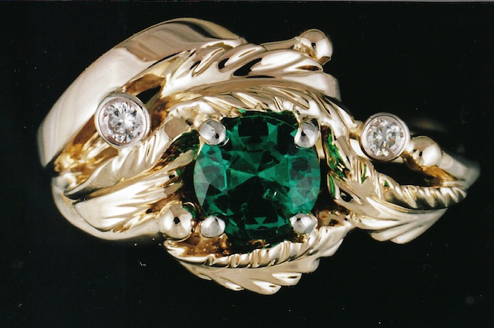 Art deco style special custom handmade woman's  gold ring with diamonds and emerald by Stark Jewelers