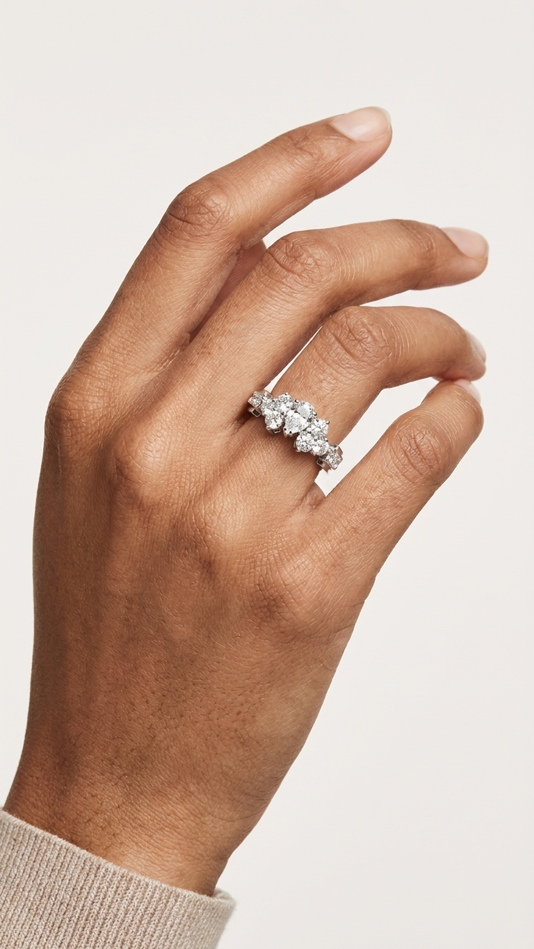 stark jewelers bespoke engagement cluster diamonds ring collection on a model
