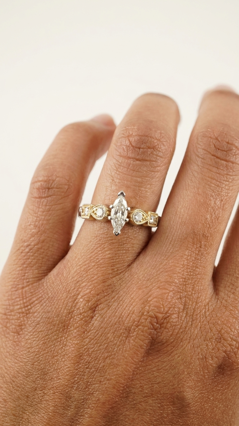 stark jewelers bespoke engagement vintage diamonds ring collection on a model