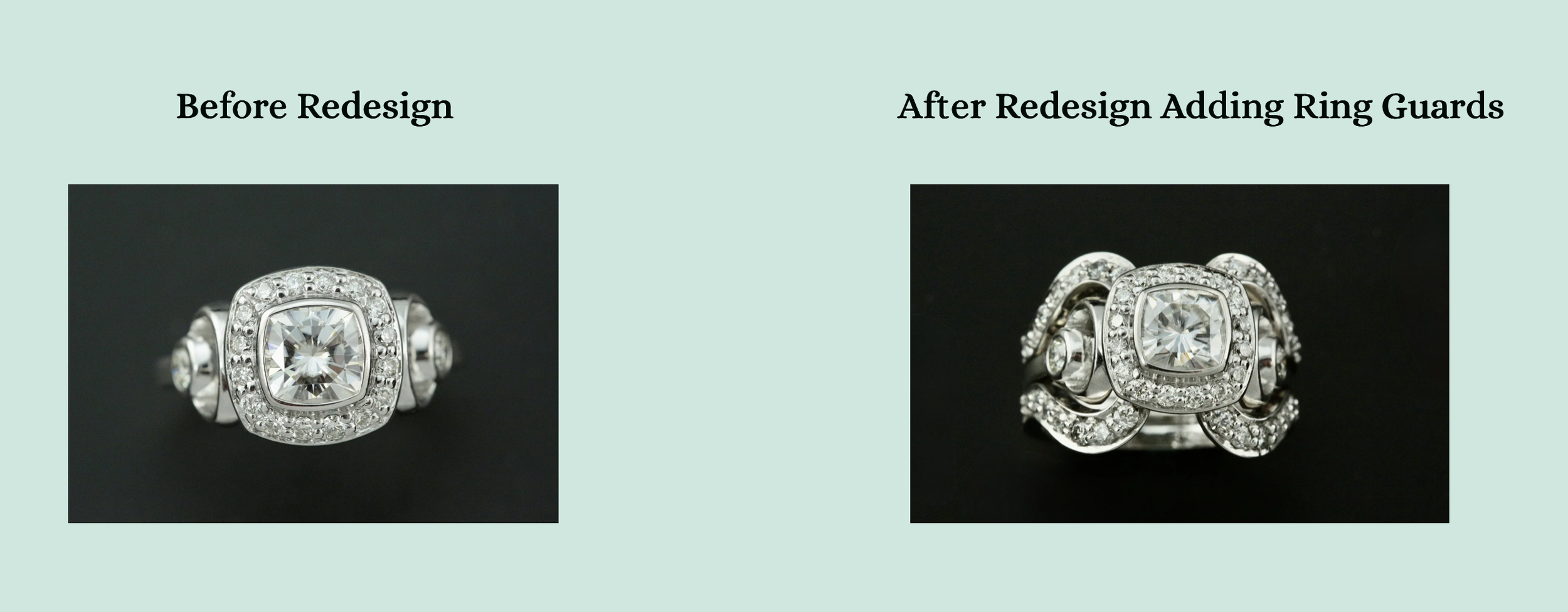 An upgraded a 14k white gold diamond engagement ring with a a set of two 14k white gold diamond ring guards on the top and bottom of the engagement ring designed and crafted at Stark Jewelers in Sacramento