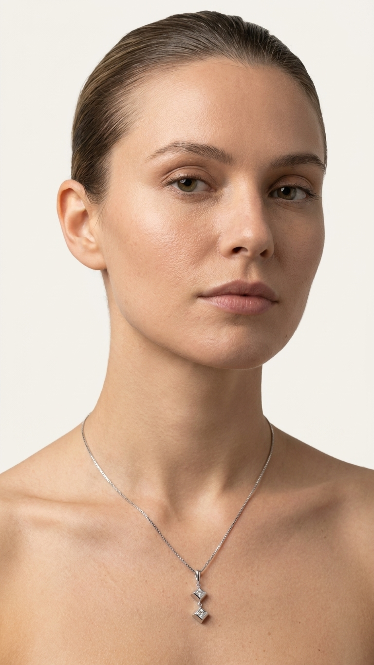 For the other daughter, we crafted a striking two-stone variation, linking two pyramids together for an articulated, eye-catching drop. You can see the gorgeous details of this piece and how perfectly it sits on the neckline.