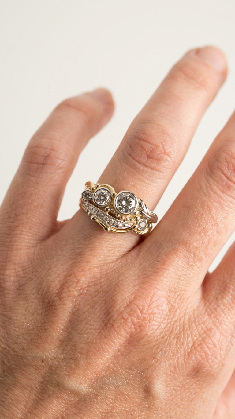 stark jewelers bespoke engagement vintage diamonds ring collection on a model