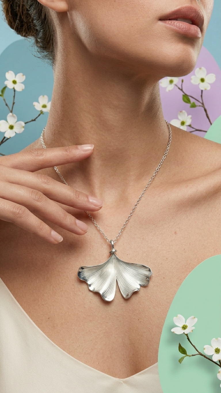 A Stark Jewelers hand carved gingko blossom leaf style pendant in sterling silver featuring sharp geometric silhouettes, heavy-gauge textures, and avant-garde structural design for a modern, bold personal style.