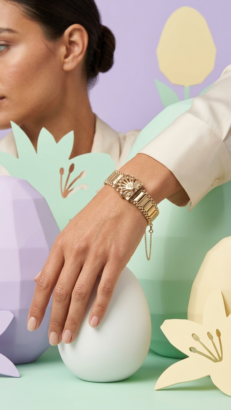 A high fashion model wearing the Stark Jewelers ladies vintage watch in 14k yellow gold , featuring shell style cover with natural round brilliant diamonds for a timeless elegant style.
