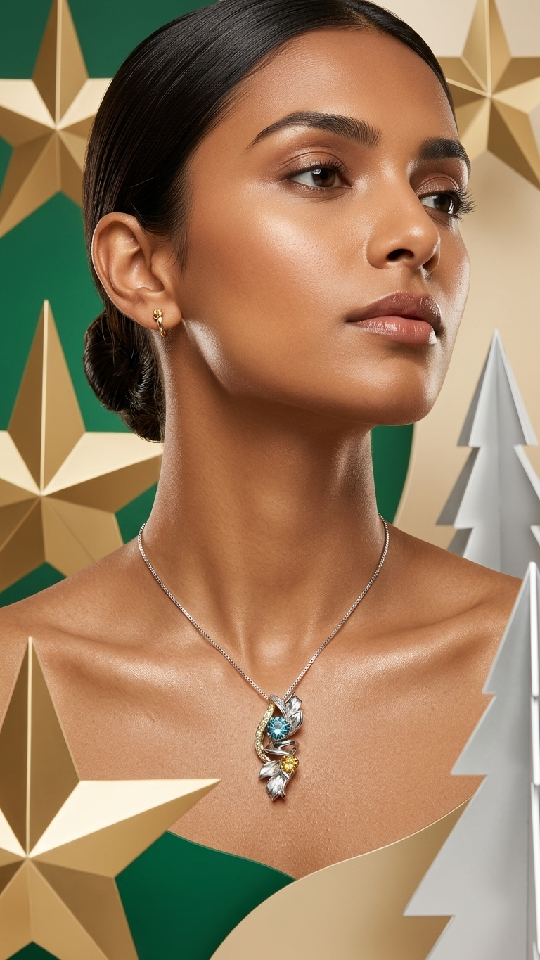 When the 14k white and 18k yellow gold pedant with blue zircon and yellow citrine stones is worn, the contrast of the metals and the brilliance of the stones create an unforgettable silhouette.