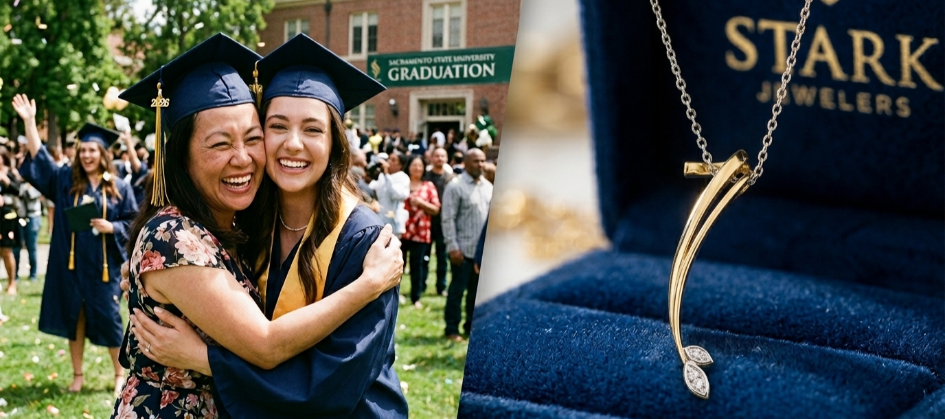 a mother hugging her graduating daughter in a graduation ceremony on the left and a Facile diamond pendant designed and crafted in Stark Jewelers in Sacramento