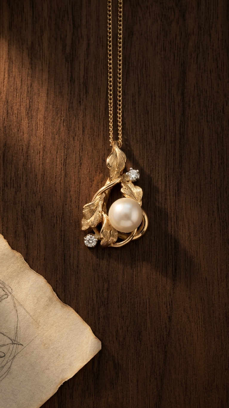 For a classic, festive aesthetic, we have also crafted breathtaking yellow gold leaf pendants centered with a flawless pearl and accented by diamonds, perfect for a holiday gala.