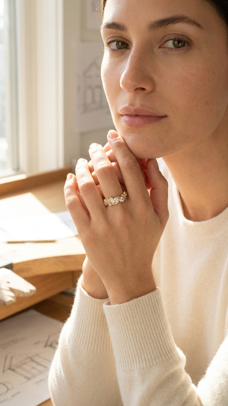 stark jewelers bespoke engagement architectural styling diamonds ring collection on a model