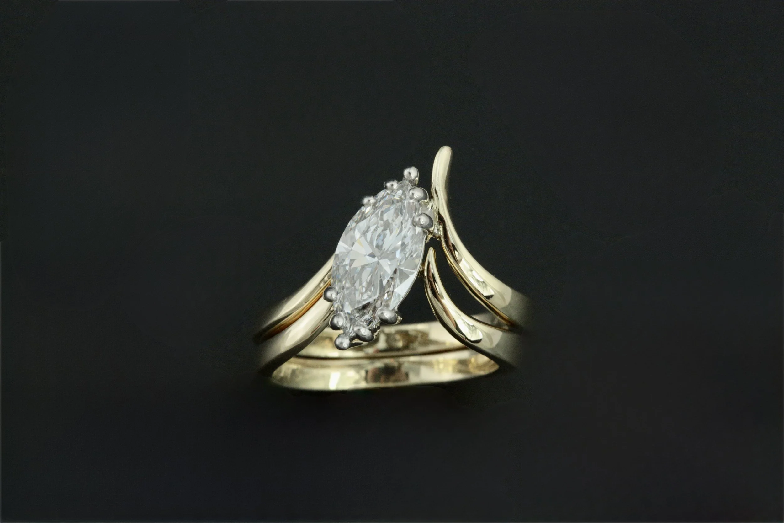 Precision Wax Modeling of the custom diamond engagement and wedding ring set designed and handcrafted at Stark Jewelers in Sacramento