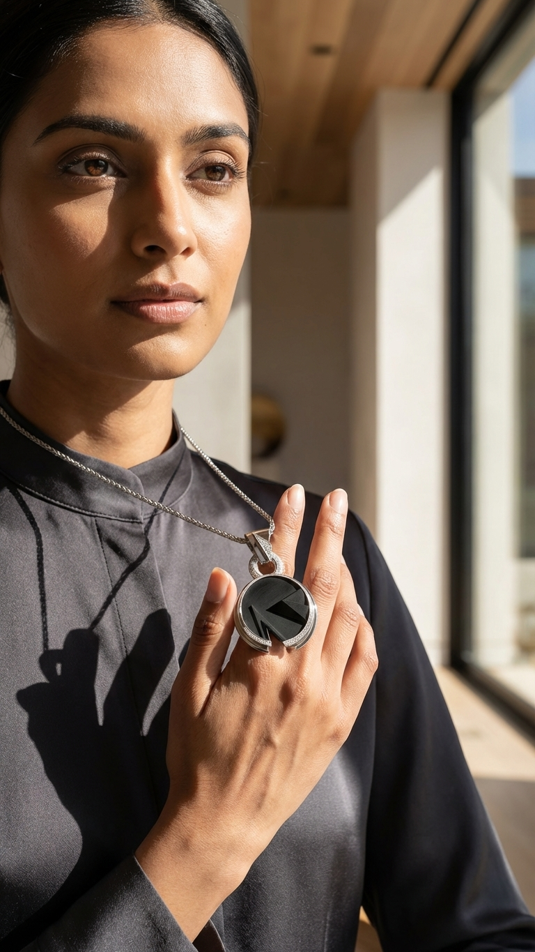 A professional, high-jewelry model shot featuring a female wearing a Stark Jewelers 18k white gold diamond and carved onyx pendant , illustrating custom elegance and structural integrity.