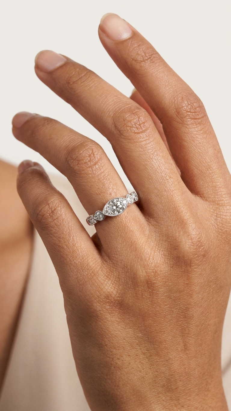 stark jewelers bespoke engagement vintage diamonds ring collection on a model 