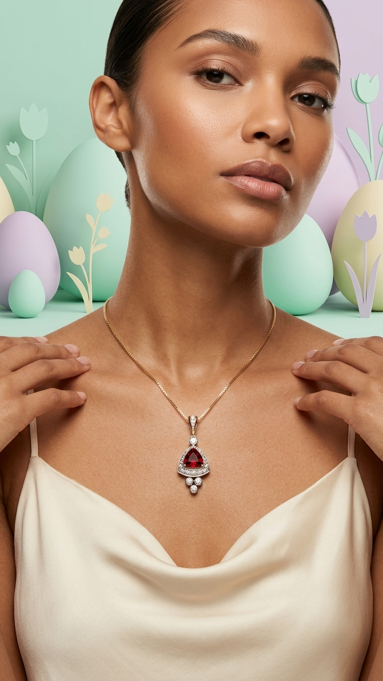 The Stark Jewelers Mother’s Day Garnet pendant: a vivid triangle-cut red garnet set in 14k yellow gold with diamond accents, designed to symbolize maternal resilience and timeless elegance.