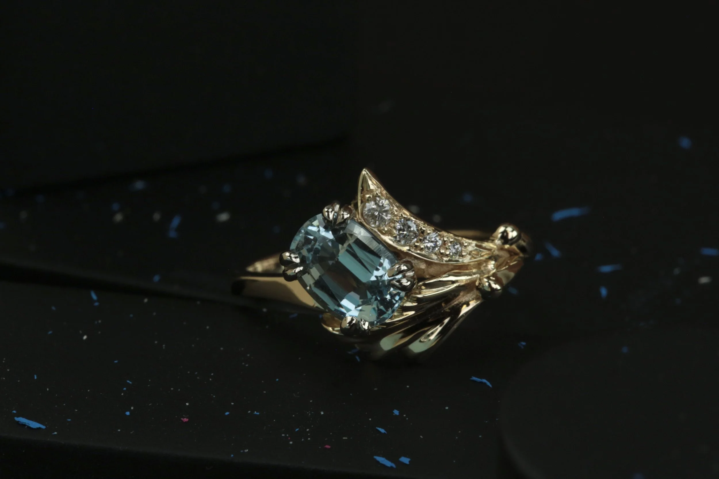 Art deco style special custom handmade woman's gold ring with diamonds, aquamarine, blue zircon stones by Stark Jewelers