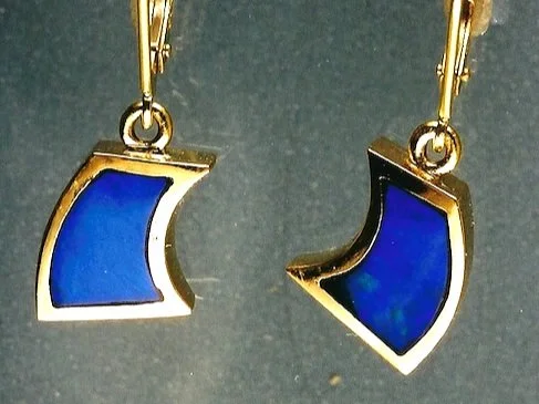 Pair of art deco gold earrings featuring lapis lazuli gemstones designed and handmade by stark jewelers