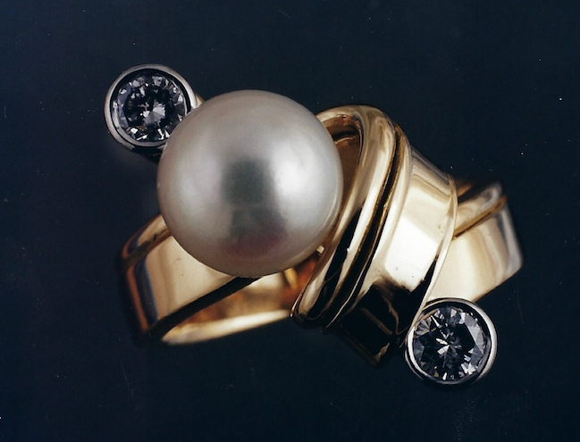 Modern Art deco style special custom handmade woman's gold ring with Tahitian pearl and diamonds by Stark Jewelers