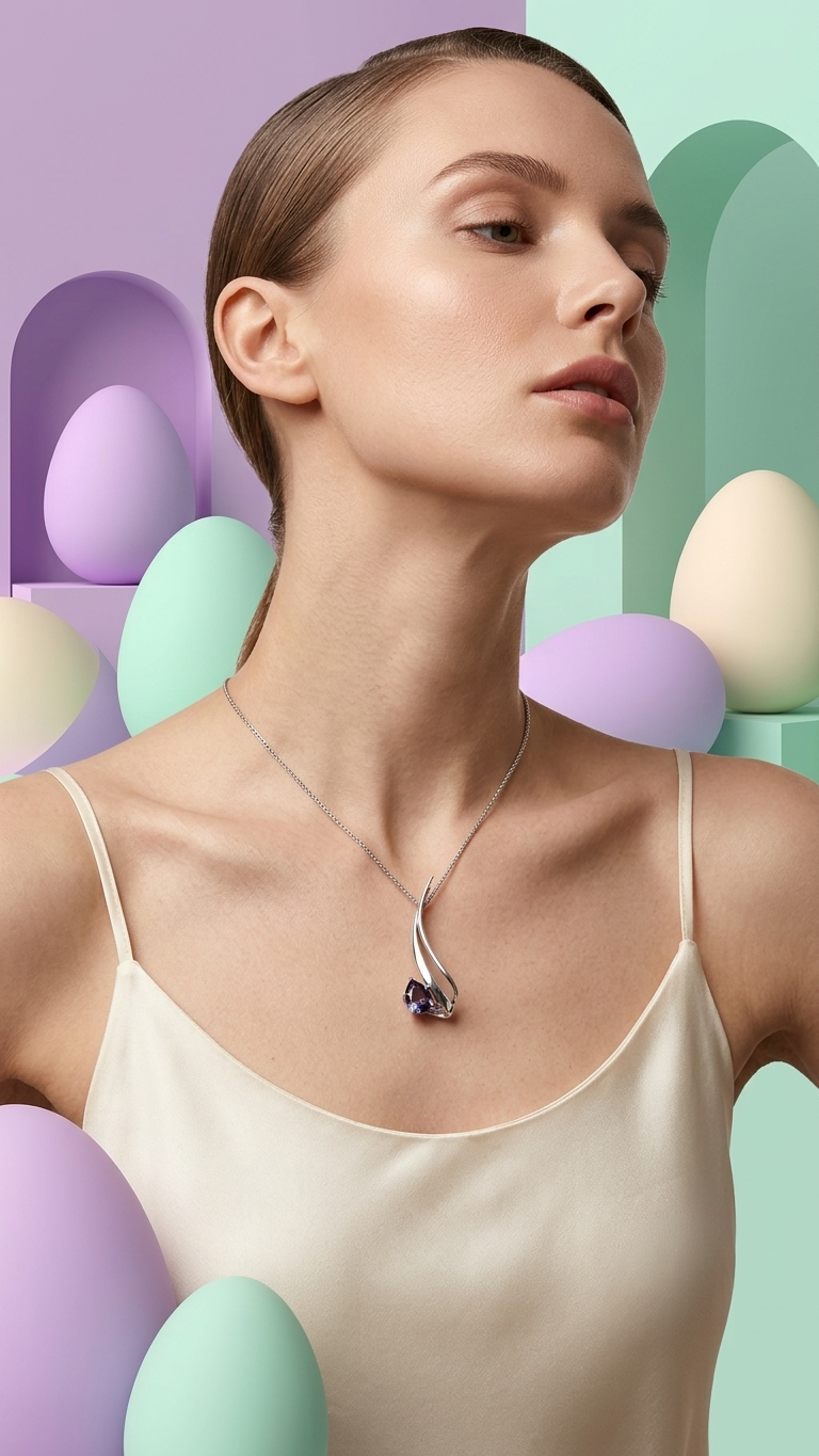 A Stark Jewelers 14k white gold amethyst pendant featuring sharp geometric silhouettes, heavy-gauge textures, and avant-garde structural design for a modern, bold personal style.