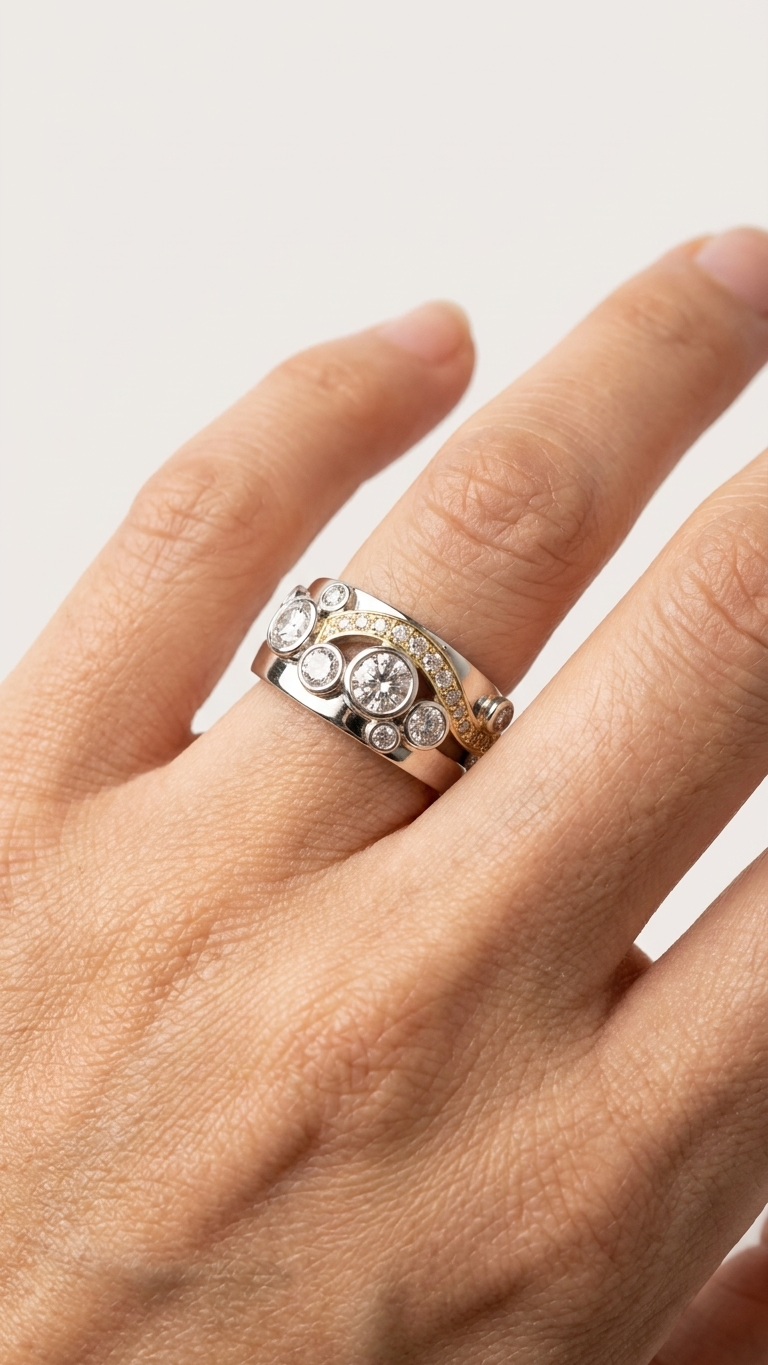 The finished custom architectural styling ring on a model's hand, handcrafted at Stark Jewelers in Sacramento