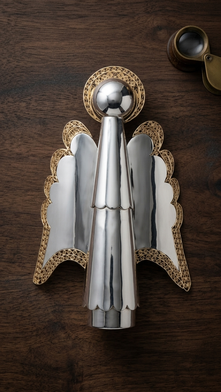 Stark Jewelers beloved Christmas ornaments of an angle tree top made with sterling silver and 18k yellow gold details as the hallo over the head and its spread out wings