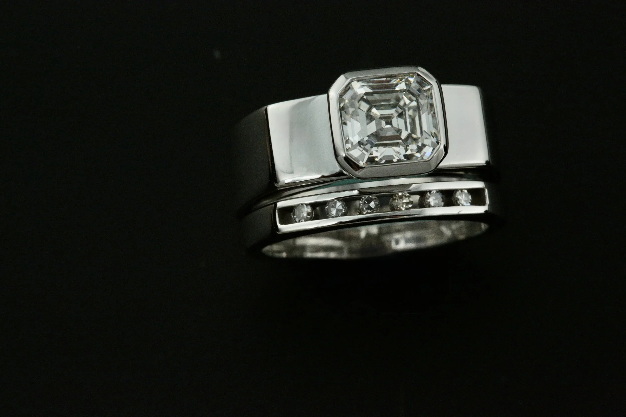custom make 14k white gold diamond engagement ring and wedding band set designed and crafted by Stark Jewelers in Sacramento