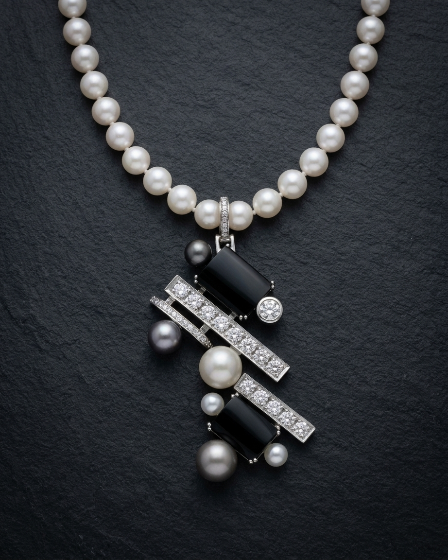 a 14k White Gold Natural Diamond, Onyx, and Pearl Pendant designed and handcrafted by Larry Stark—is a testament to this philosophy through its ingenious modular construction.