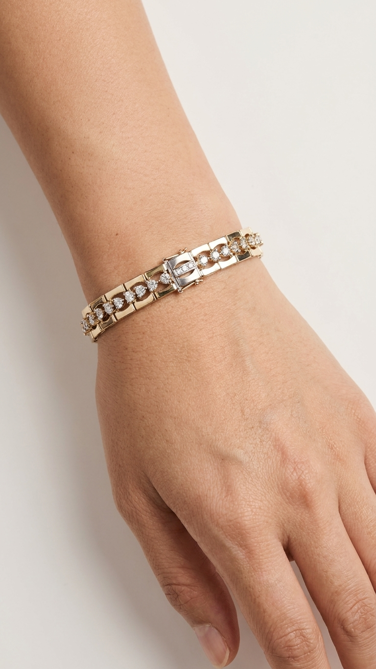Whether viewing the intricate design sketches alongside the finished piece in the image below, seeing our jeweler inspect the final clasp, or admiring the flawless drape on the wrist, the rigorous attention to detail is evident.