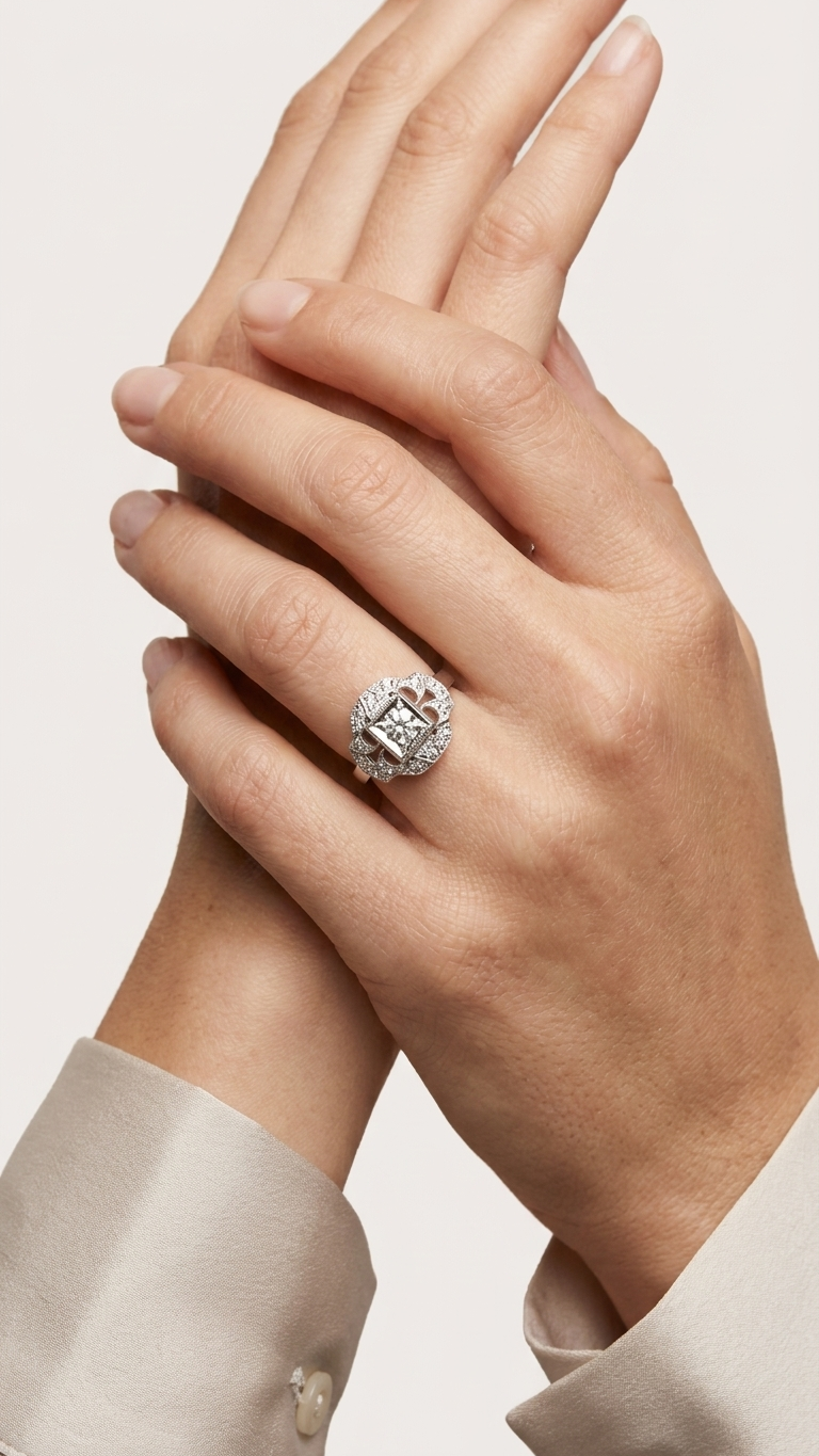 stark jewelers bespoke engagement vintage diamonds ring collection on a model