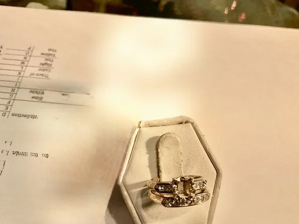 An preowned 14k white gold diamond engagement and wedding ring set before custom redesign at Stark Jewelers located on Fair Oaks Blvd Sacramento
