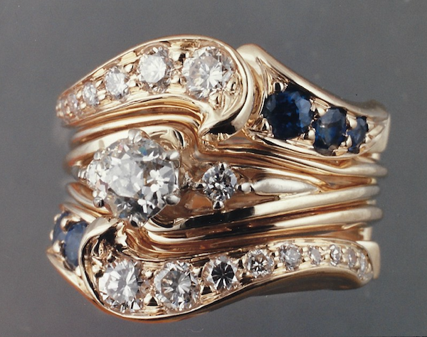 Art deco style special custom handmade woman's gold ring with sapphires and diamonds by Stark Jewelers