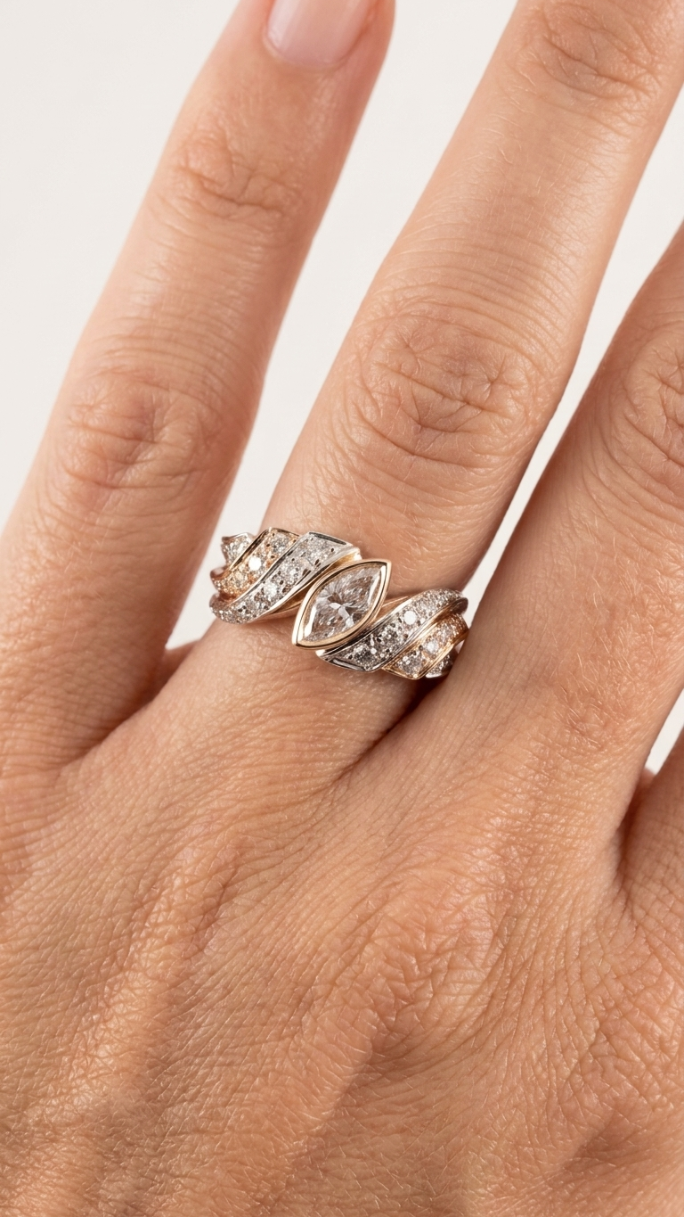 stark jewelers bespoke engagement vintage diamonds ring collection on a model