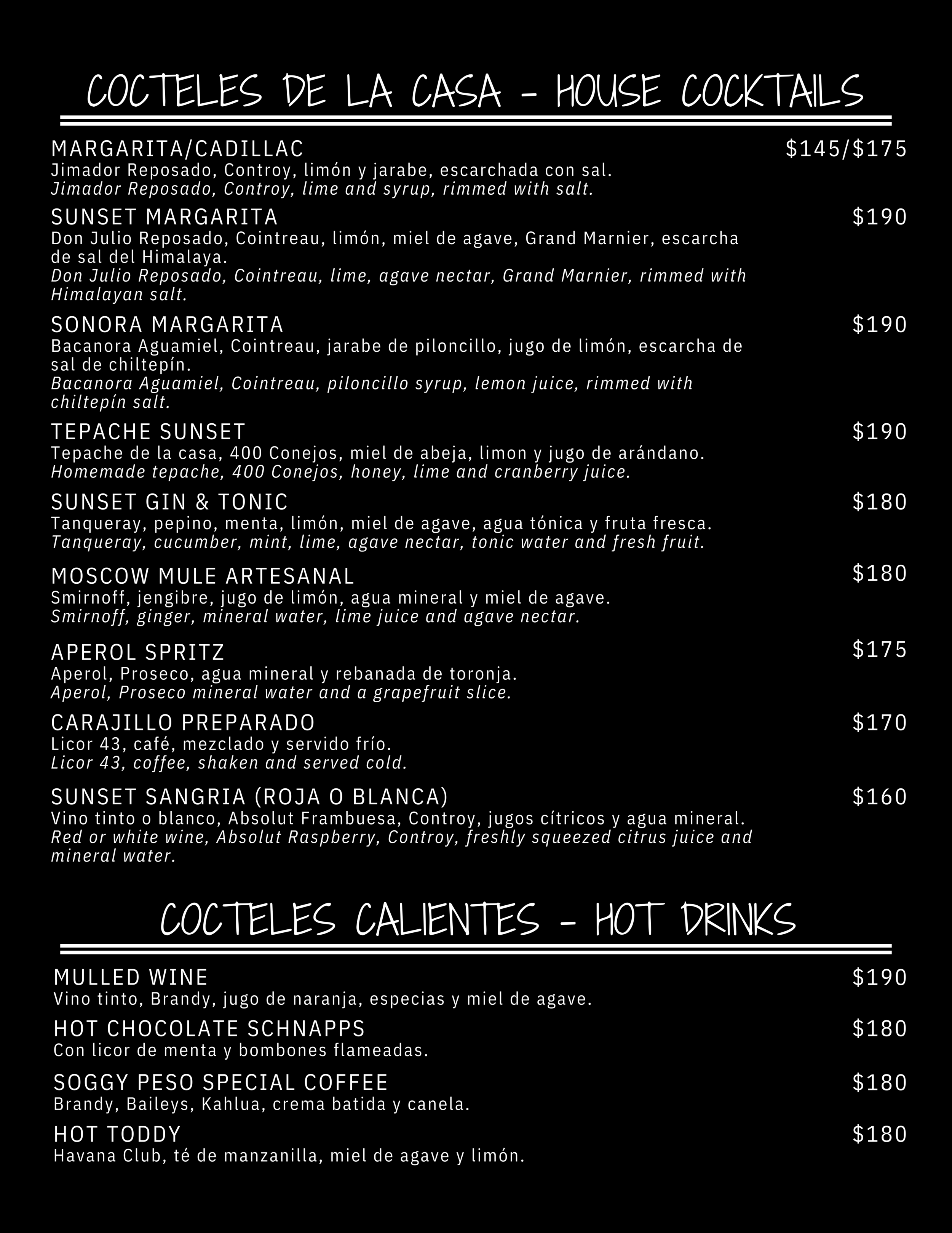 Bar Menu — Sunset Bar & Grill