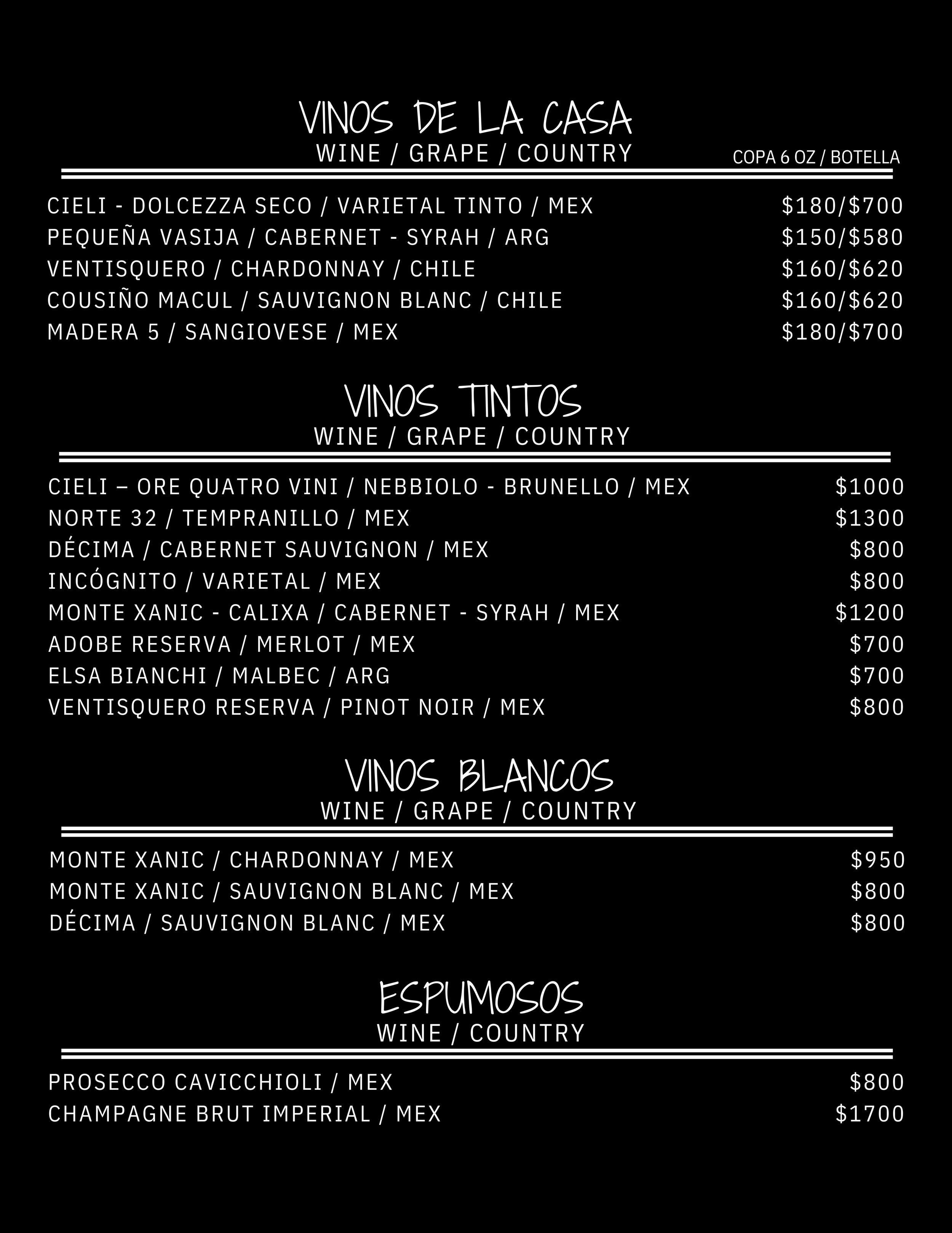 Bar Menu — Sunset Bar & Grill