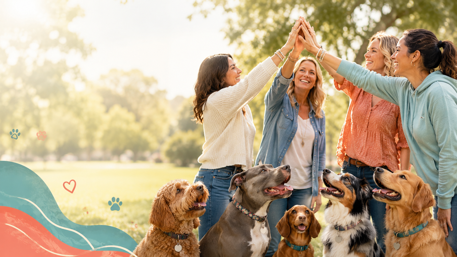 Dog moms gathering with their dogs in a supportive community