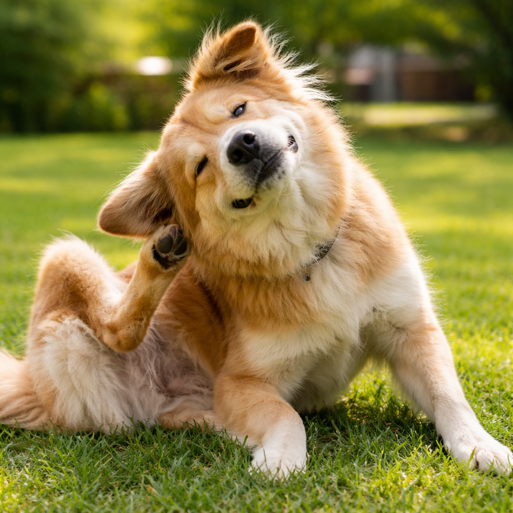 dog in grassy park, scratching his head