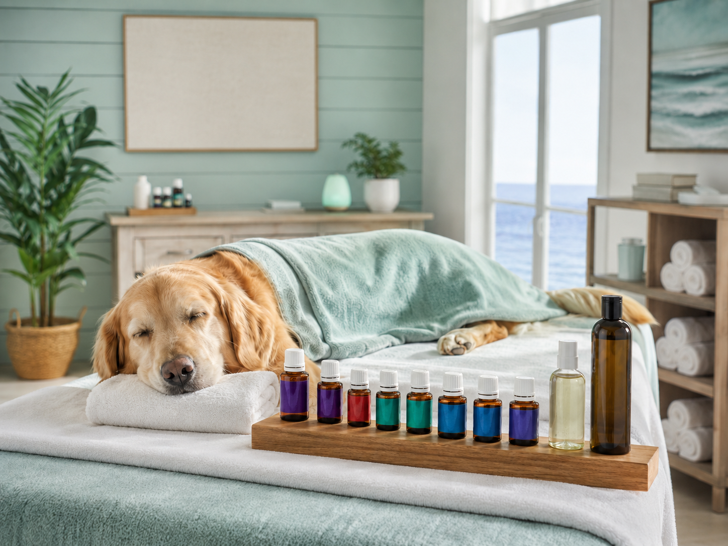 dog on a massage table with raindrop essential oils
