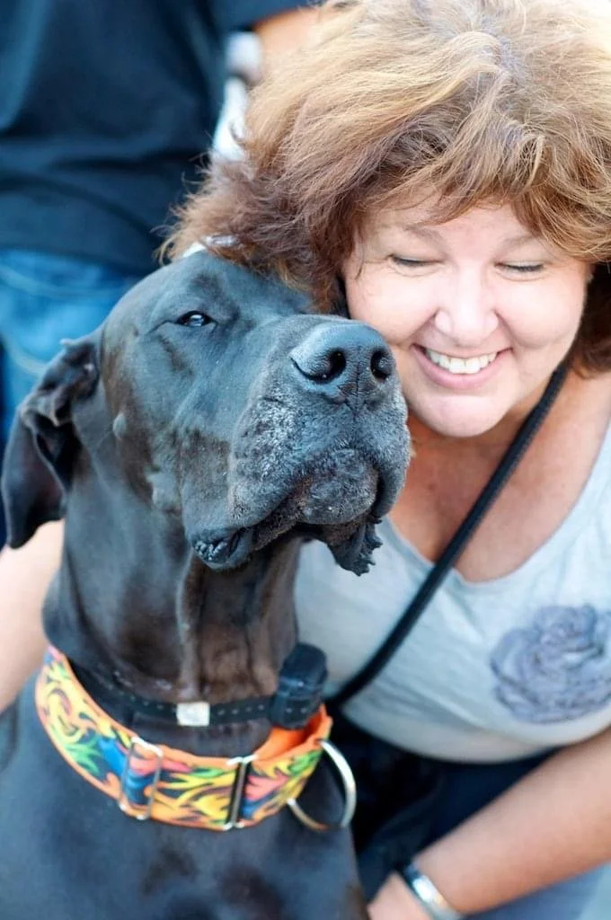 Dana hugs a very large black Great Dane.