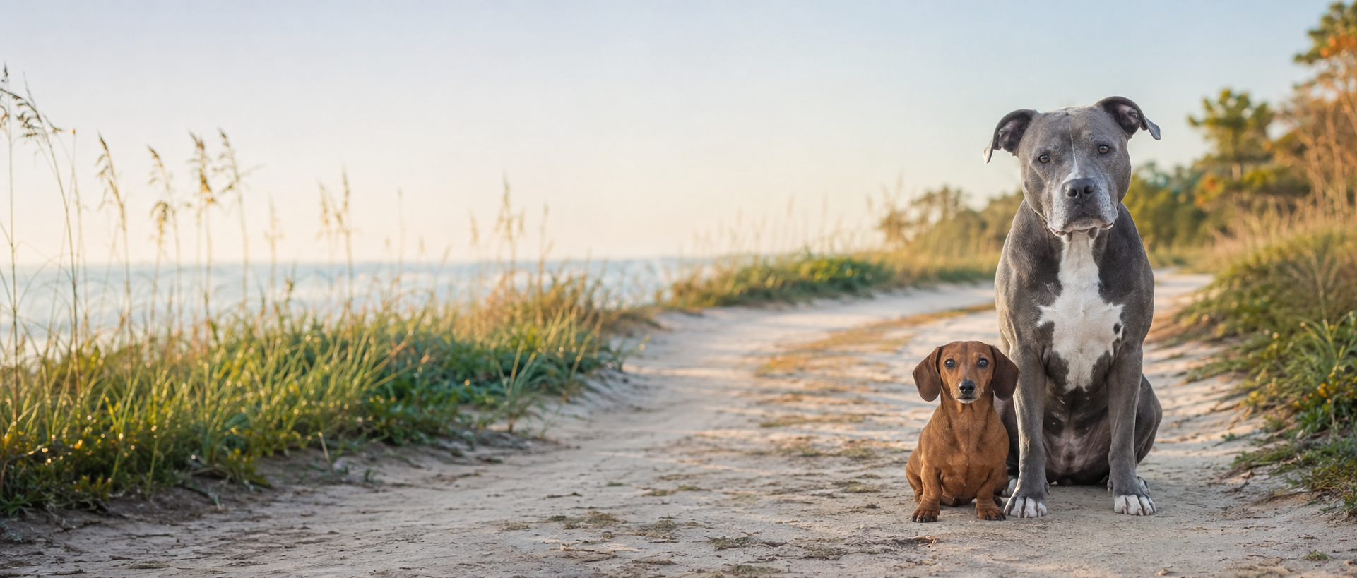 Poppy and Harvey on a coastal beach path