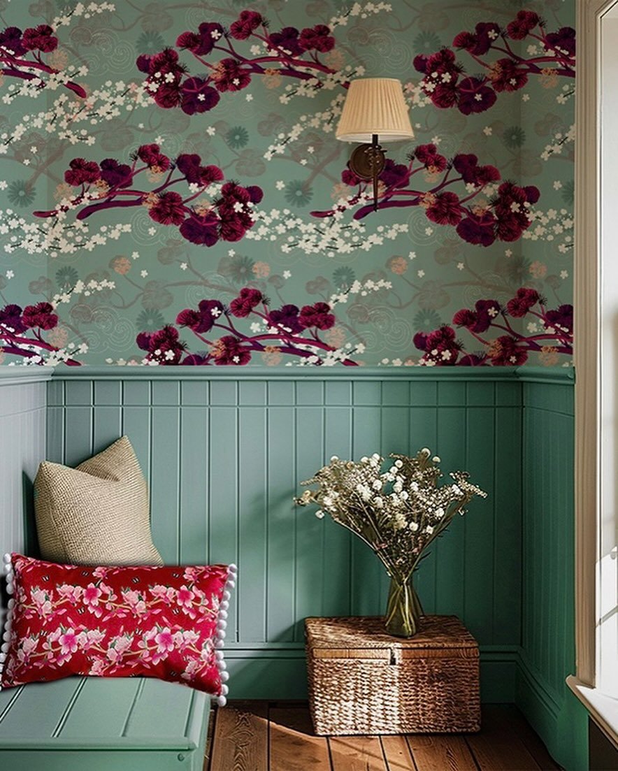 A cosy little nook where you can hide away, read a book (haven&rsquo;t done that in an age&hellip;), enjoy a cuppa, or just have some time out.
Loving the deep red Blossoms lumbar cushion with the Blossom and Pine (Ruby) wallpaper here. 

.
.
.
.
 


