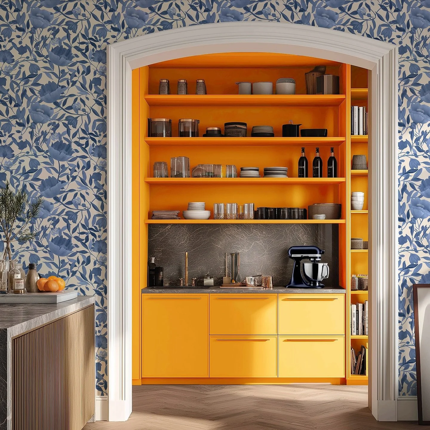 Seasons wallpaper (in Midnight Sapphire). Love the statement it makes against the bold yellow/orange tone! Not for the faint-hearted&hellip; 💛

.
.
#boldwallpaper #kitchendecorideas #yellowkitchen  #kitchenwallpaper  #floralwallpaper #boldinteriors 